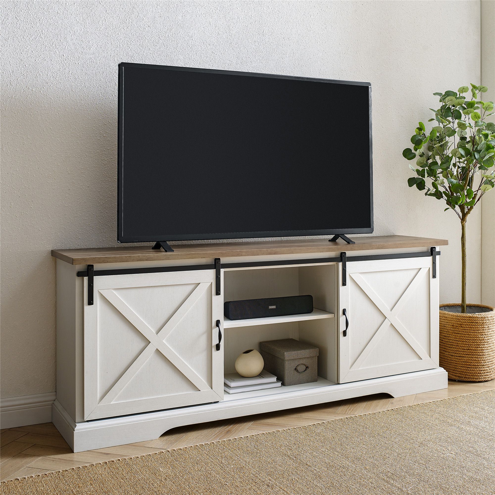 Manor Park Sliding Door Tv Stand For Tvs Up To 80", White Within Opod Tv Stand White (View 1 of 15)