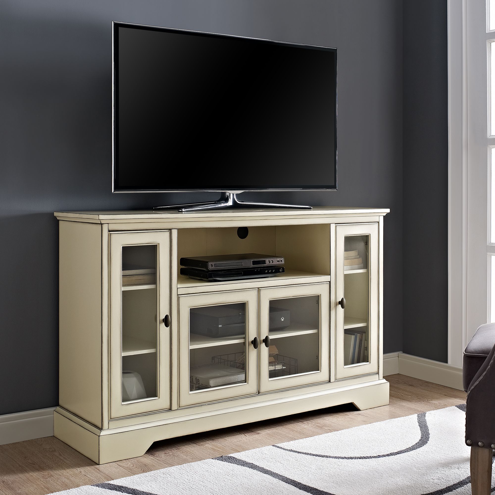 Manor Park Transitional Highboy Glass Door Antique Wood Tv Pertaining To White Wooden Tv Stands (View 3 of 15)