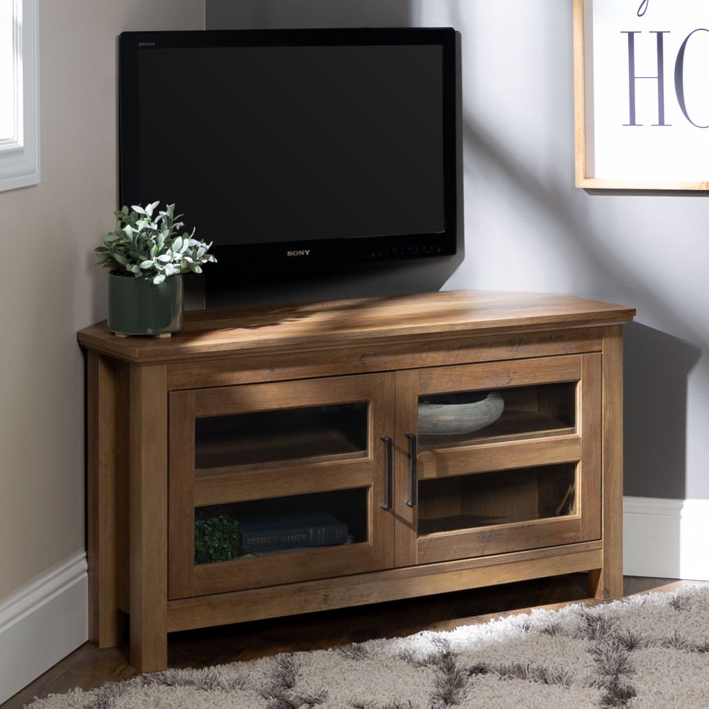 Manor Park Wood Corner Tv Stand For Tvs Up To 48" – Rustic In Woven Paths Open Storage Tv Stands With Multiple Finishes (View 6 of 15)