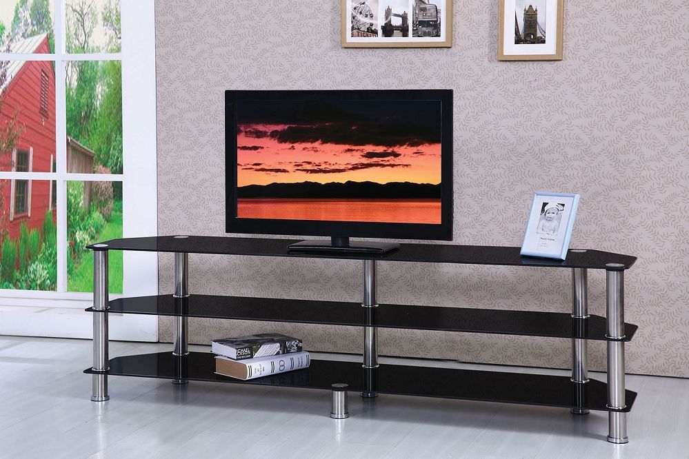 Marabel Chrome Black Tempered Glass Tv Stand With Tv Glass Stands (View 5 of 15)