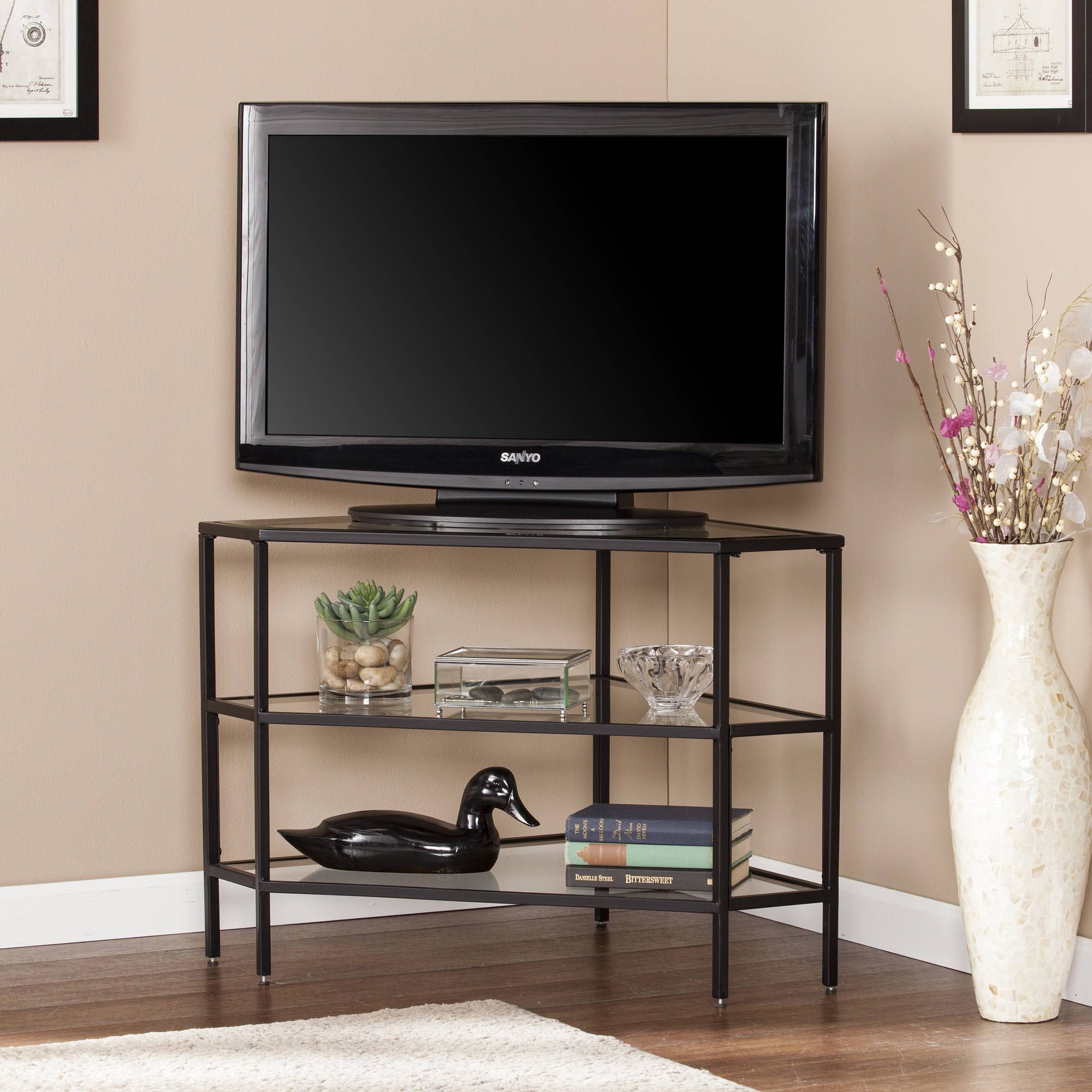 Matte Black Nealie Metal/glass Corner Tv Stand For Tvs Up Within Glass Shelves Tv Stands For Tvs Up To 60" (View 10 of 15)