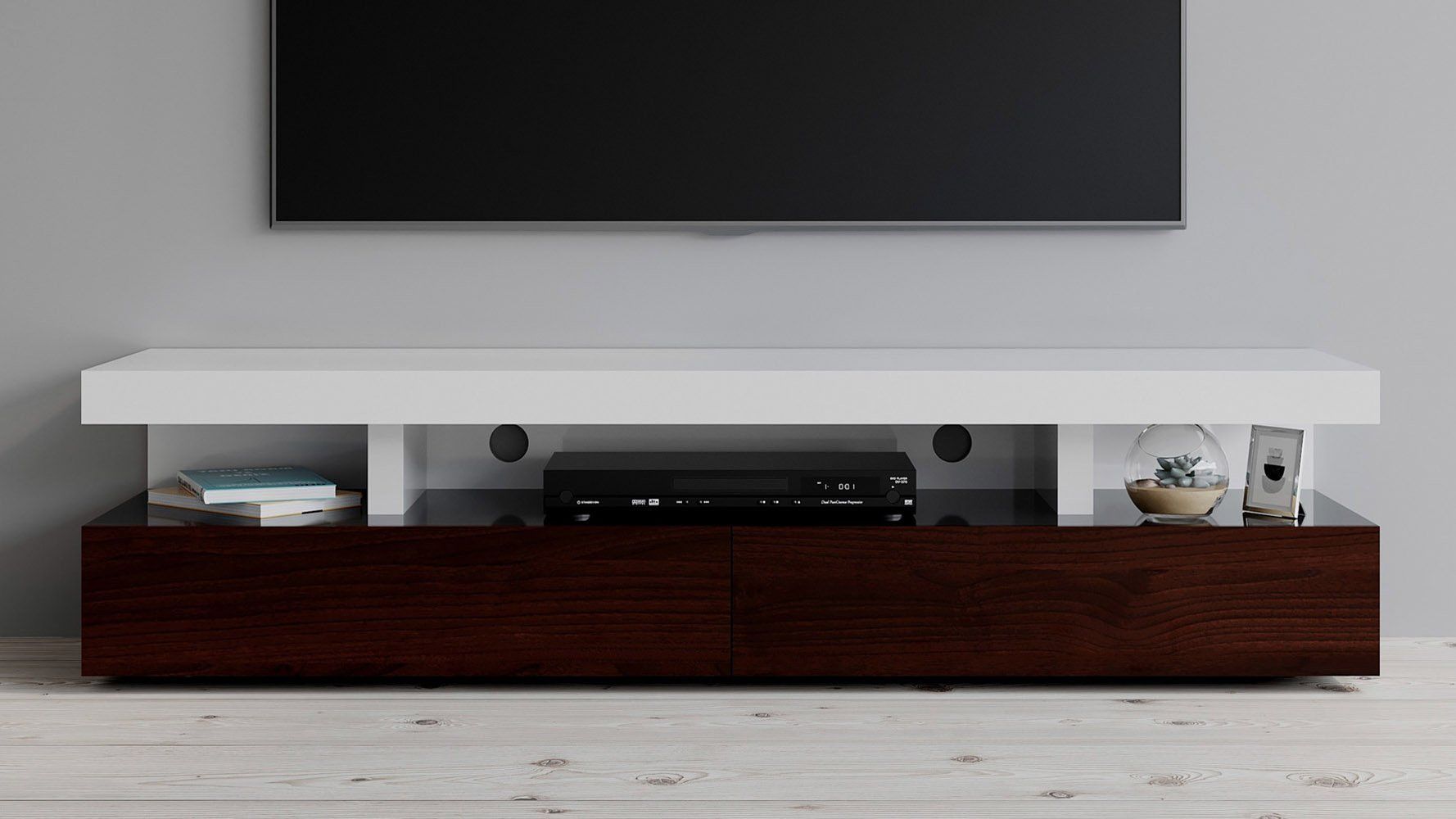 Mcintosh 71 Inch Tv Stand In White High Gloss And Ebony For Elevated Tv Stands (View 7 of 15)