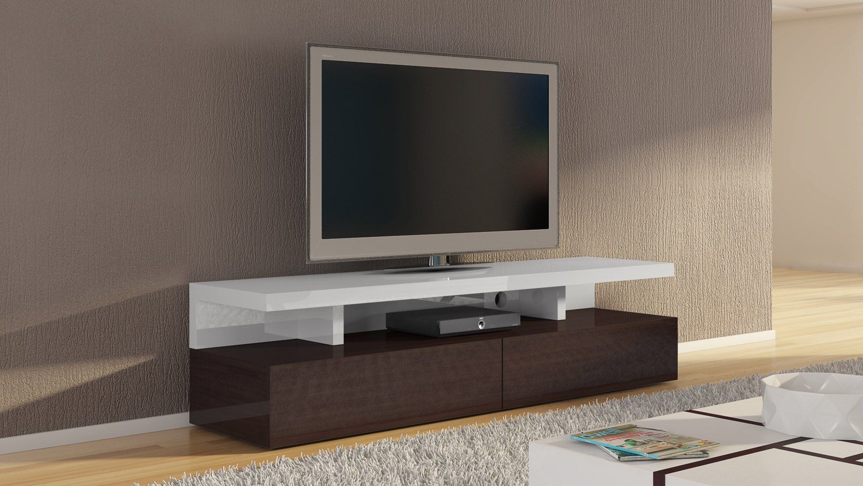 Mcintosh 71 Inch Tv Stand In White High Gloss And Ebony With Elevated Tv Stands (View 2 of 15)