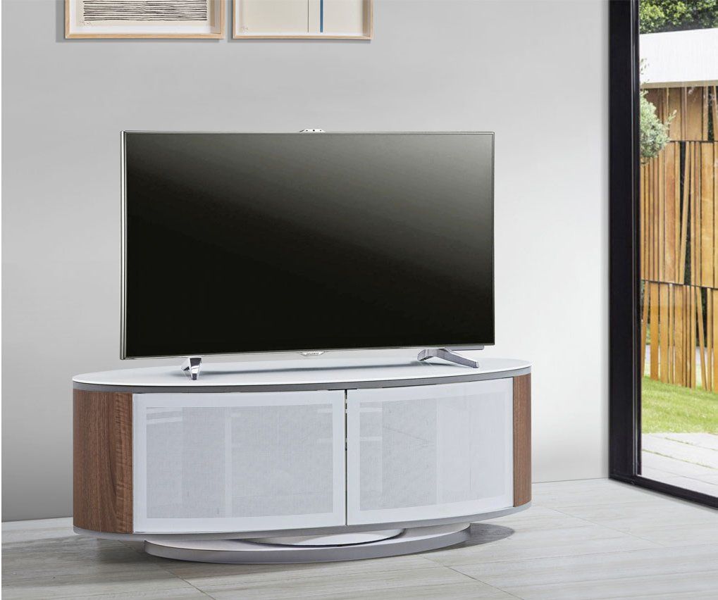 Mda Designs Luna White/walnut High Gloss Oval Tv Cabinet Stand In White Oval Tv Stands (View 1 of 15)