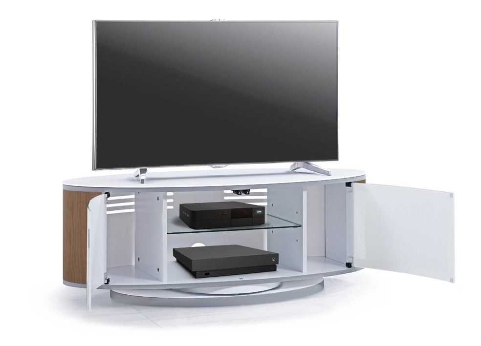 Mda Designs Luna White/walnut High Gloss Oval Tv Cabinet Stand Throughout Oval White Tv Stand (Photo 11 of 15)