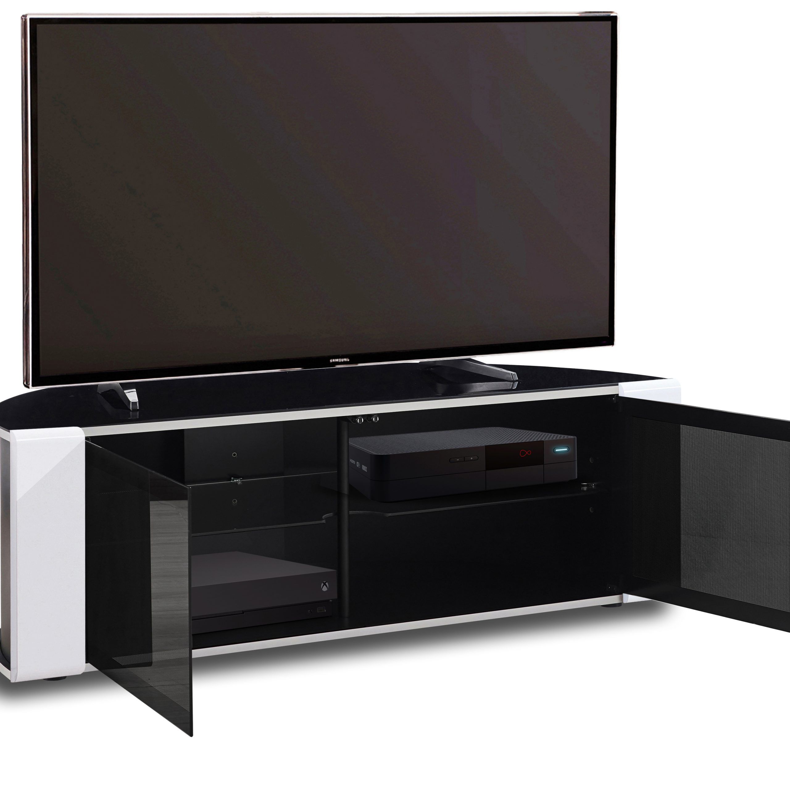 Mda Designs Sirius 850 Gloss Black & White Beam Thru 26 Within Beam Through Tv Stand (View 9 of 15)