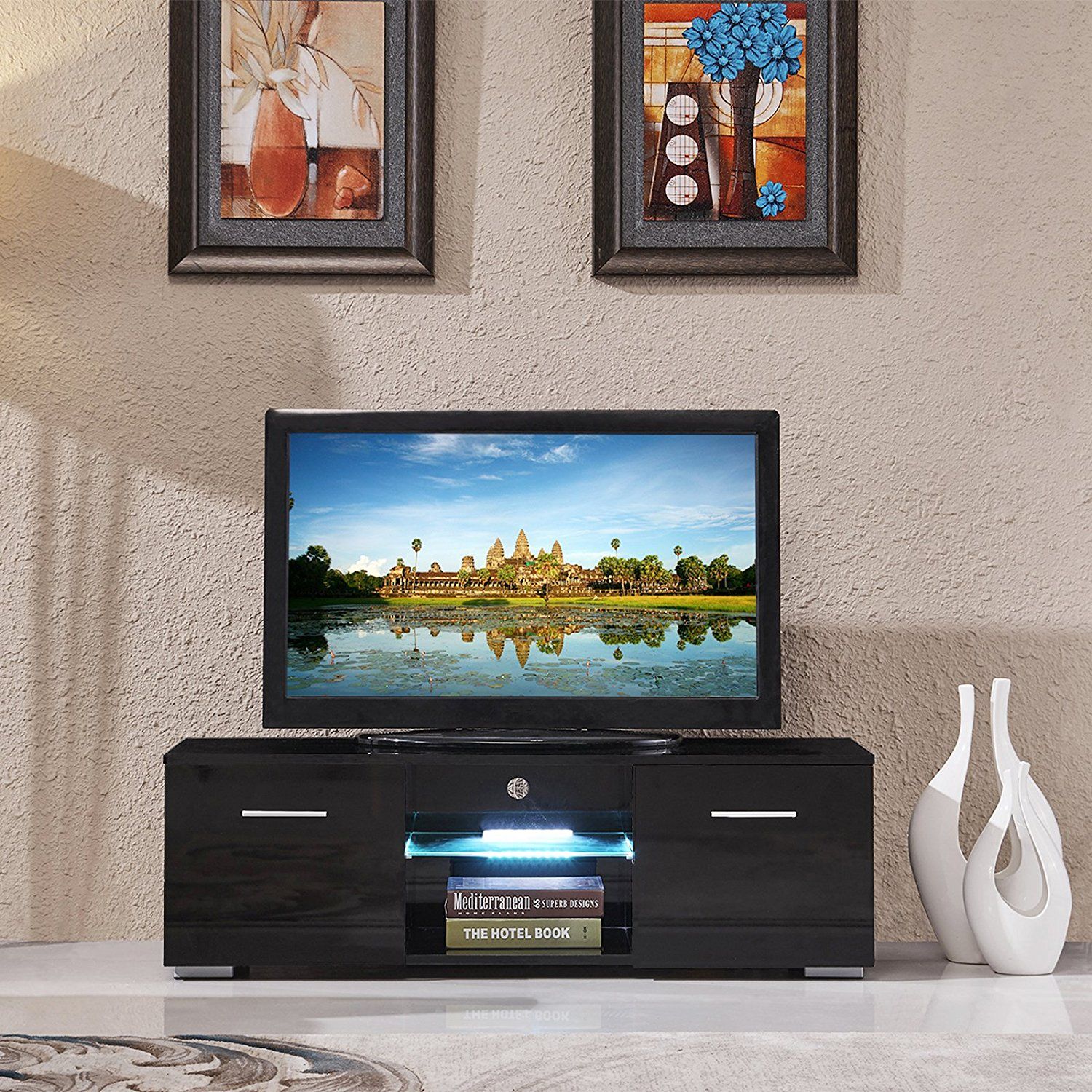 Mecor Tv Stand High Gloss Media Console Cabinet Led Intended For Stand And Deliver Tv Stands (View 3 of 15)