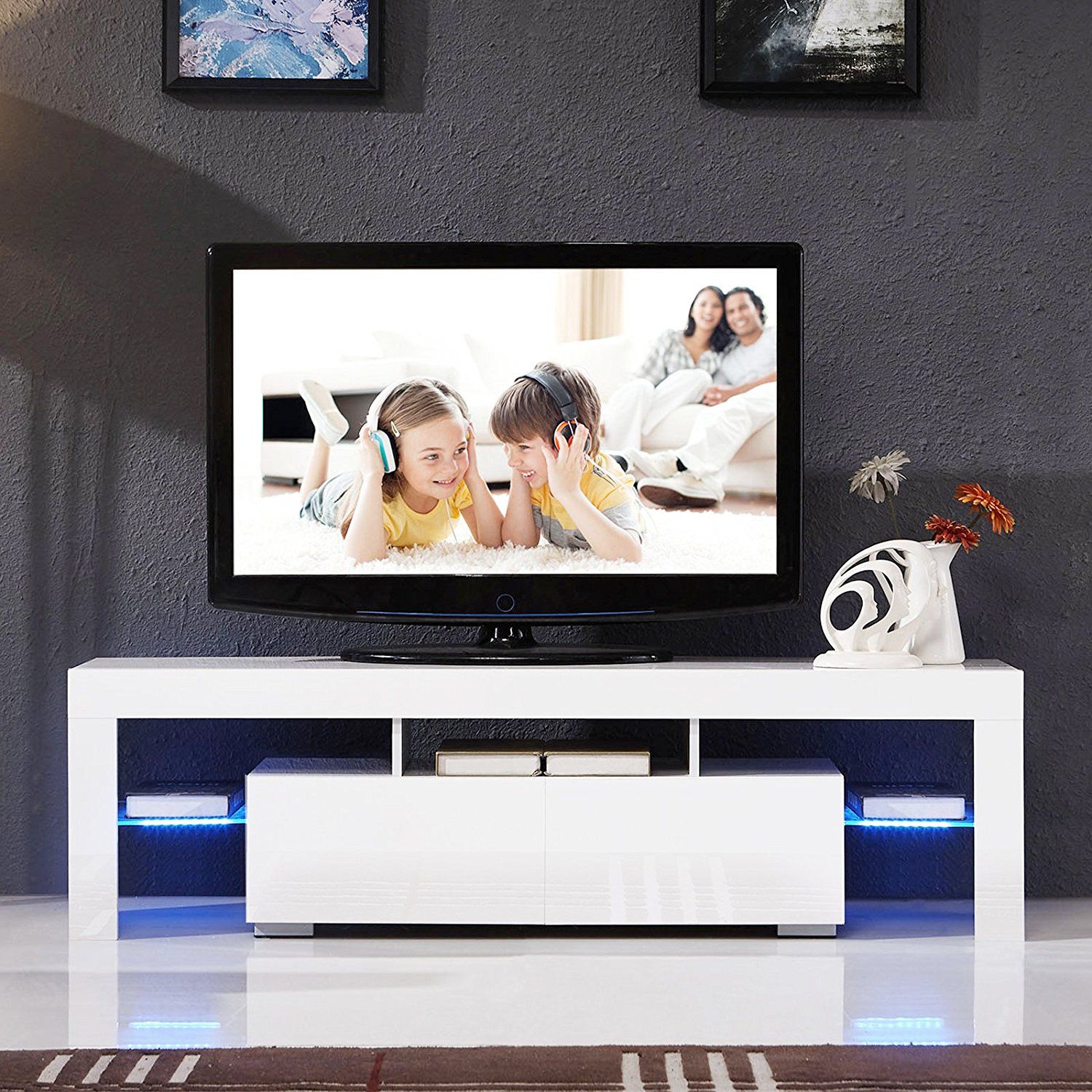 Mecor Tv Stand High Gloss Media Console Cabinet With 2 In 47" Tv Stands High Gloss Tv Cabinet With 2 Drawers (View 9 of 15)