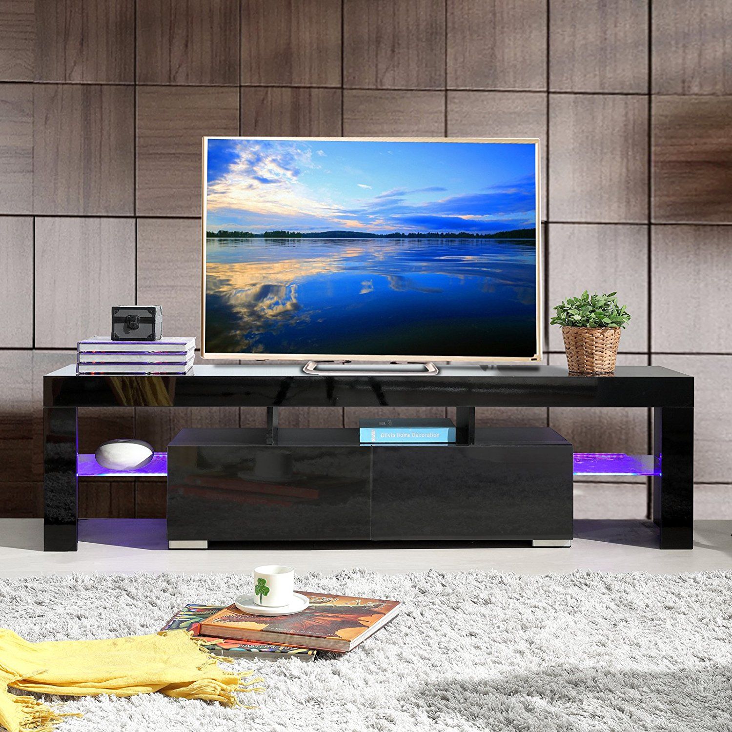 Mecor Tv Stand Media Console Cabinet With 2 Drawers&led For Tv Media Furniture (Photo 14 of 15)
