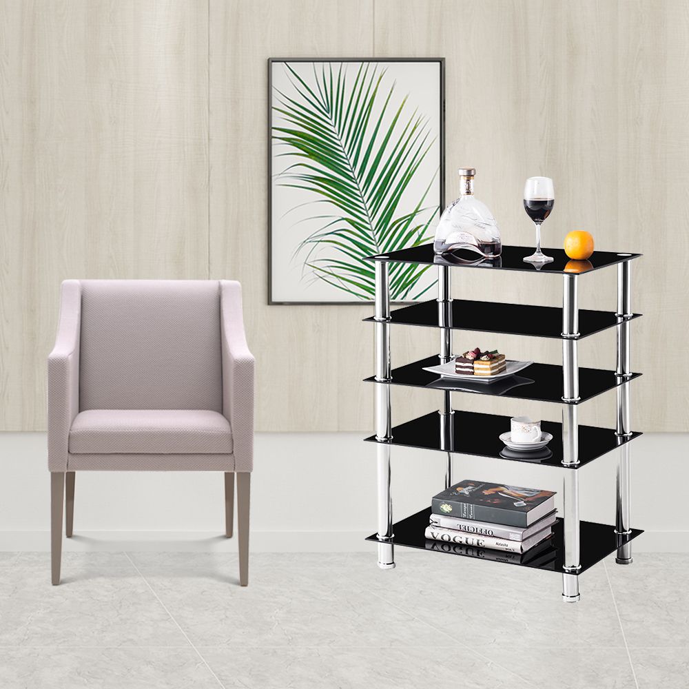 Media Stand, Modern Audio Video Tower With 5 Tier Black With Regard To Glass Shelf With Tv Stands (View 10 of 15)