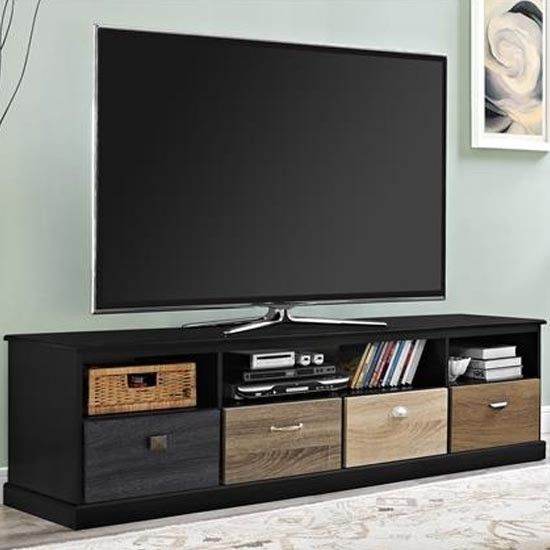 Mercer Large Wooden Tv Stand In Black With Multicolour Intended For Black Tv Cabinets With Drawers (View 1 of 15)