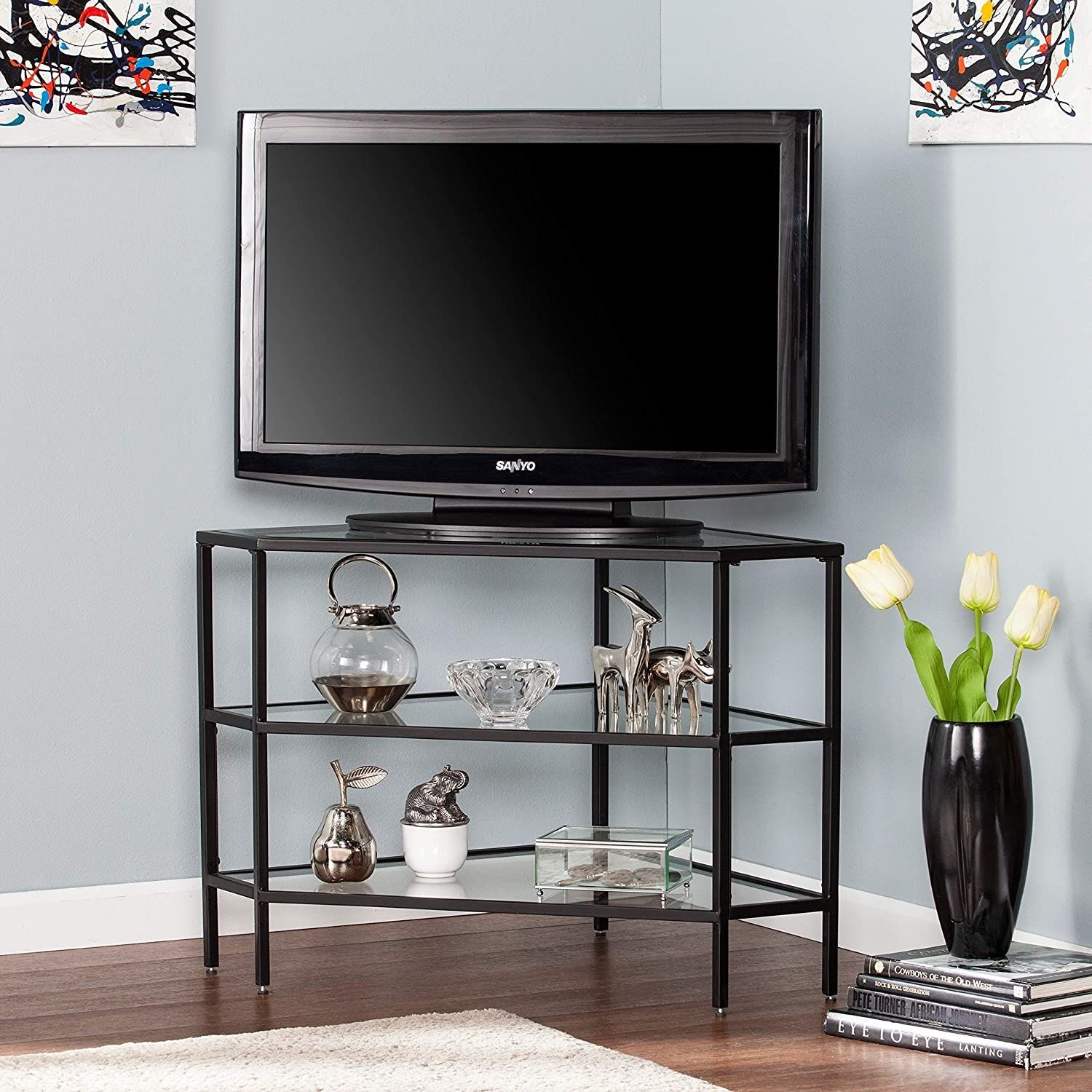 Metal/glass Corner Tv Stand – Black Transitional Glass Inside Silver Corner Tv Stands (View 1 of 15)