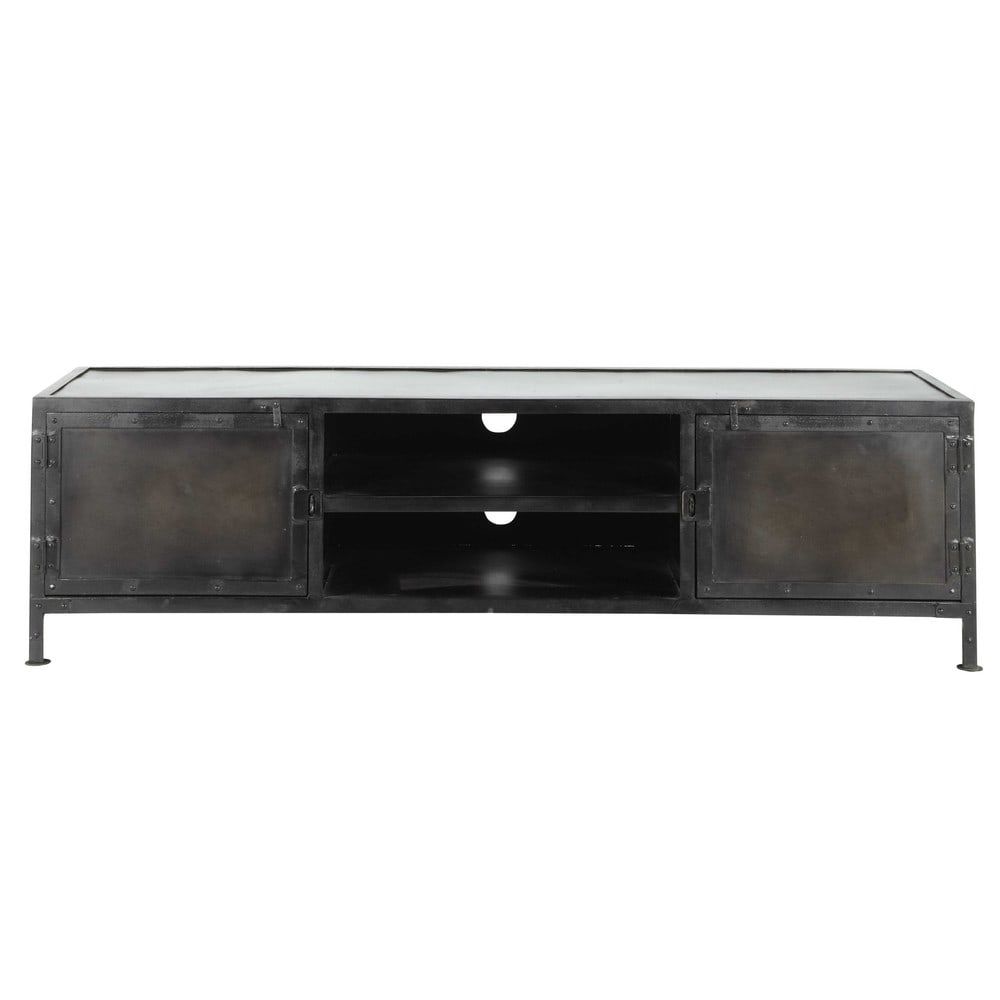 Metal Industrial Tv Unit, Black W 150cm Edison | Maisons Throughout Modern Mobile Rolling Tv Stands With Metal Shelf Black Finish (View 14 of 15)