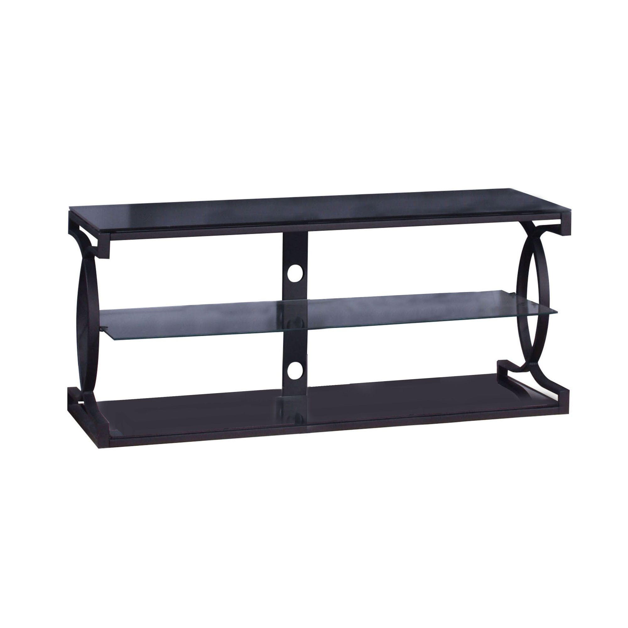 Metal Tv Stand With 2 Glass Shelves And Interlocked Design In Glass Shelves Tv Stands (View 13 of 15)