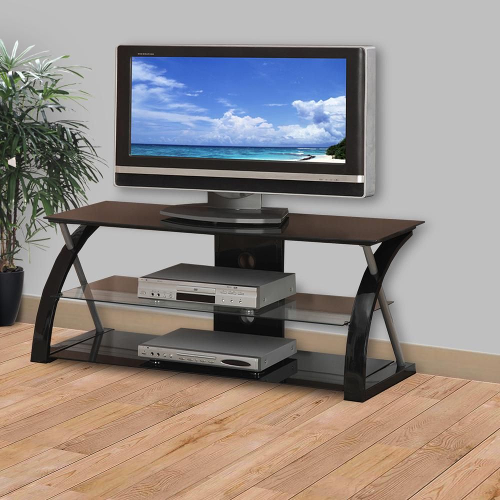 Metal Tv Stand With 3 Glass Shelves, Black Regarding Tabletop Tv Stands Base With Black Metal Tv Mount (View 2 of 15)