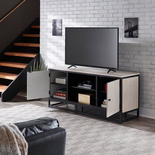 Micah Distressed Finish Black Metal 58 Inch Tv Stand Intended For Modern Black Floor Glass Tv Stands For Tvs Up To 70 Inch (Photo 15 of 15)