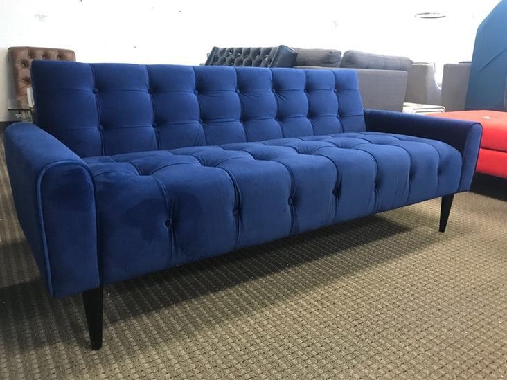Mid Century Modern Blue Velvet Tufted Sofa | Velvet Tufted With Dove Mid Century Sectional Sofas Dark Blue (Photo 1 of 15)