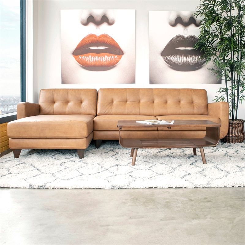 Mid Century Modern Davis Tan Genuine Leather Sectional Inside Alani Mid Century Modern Sectional Sofas With Chaise (View 9 of 15)