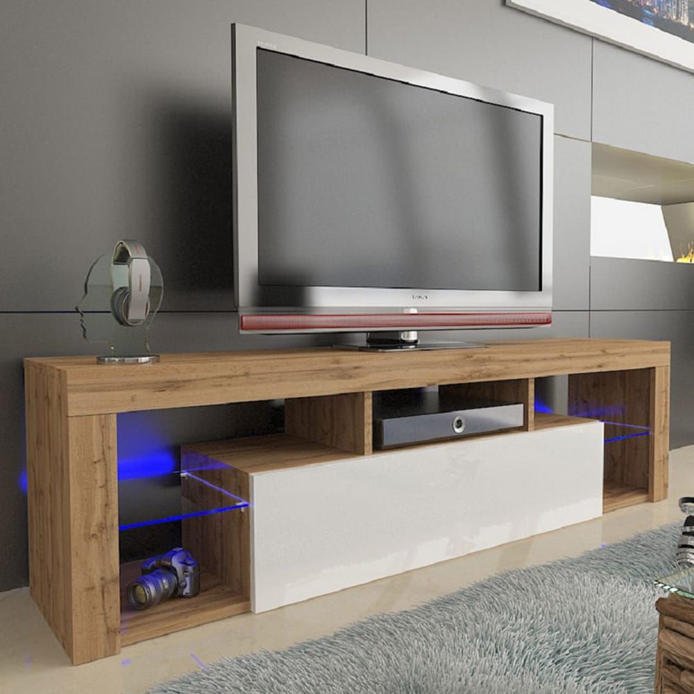 Milano 160 Oak & White Wall Mounted Floating Modern 63" Tv Within White Wall Mounted Tv Stands (View 2 of 15)