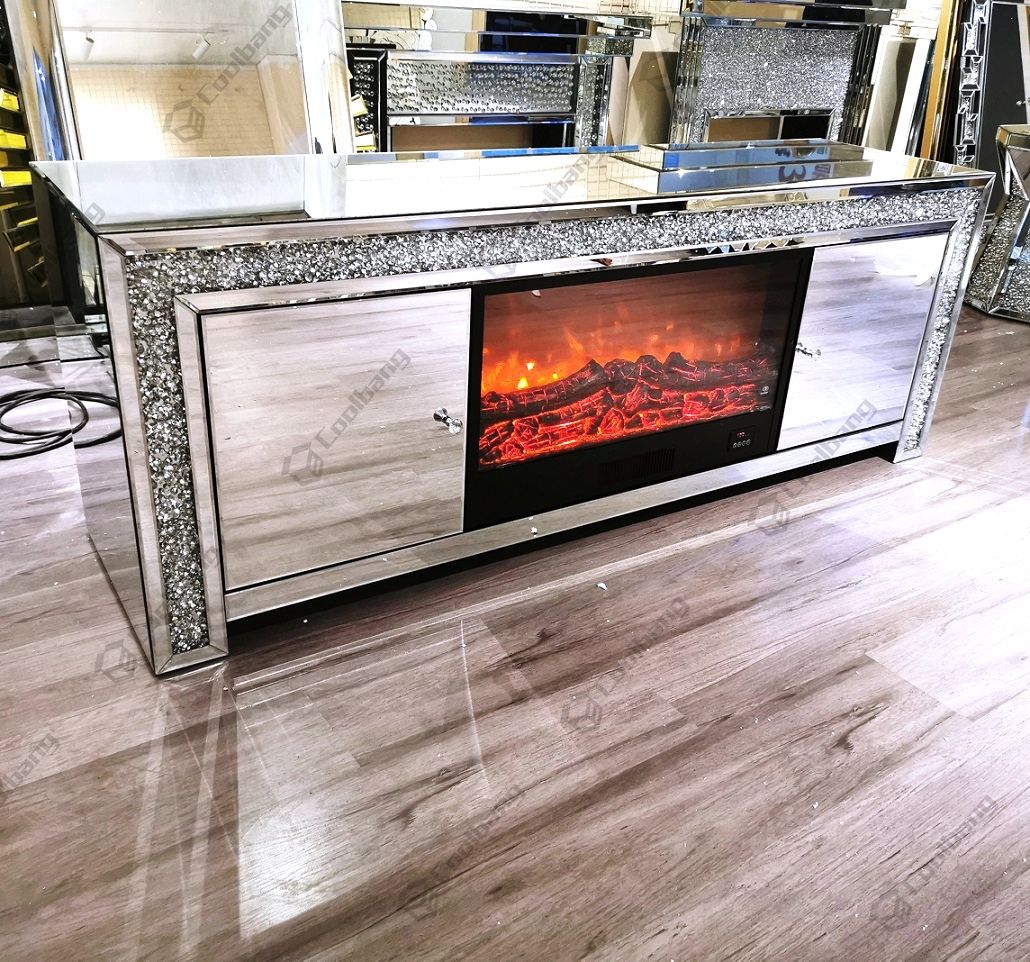 Mirrored Furniture Crushed Diamond Tv Stand With Fireplace Pertaining To Mirrored Tv Cabinets Furniture (View 2 of 15)