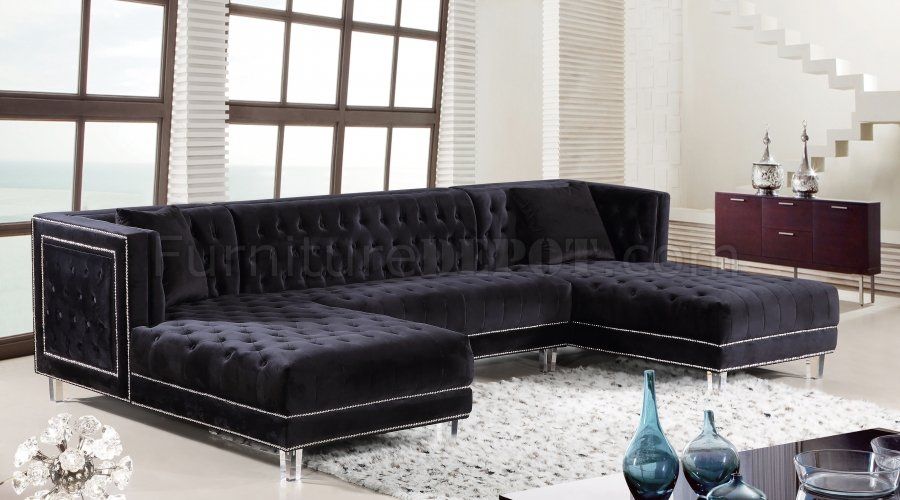 Moda Sectional Sofa 631 In Black Velvet Fabricmeridian With Wynne Contemporary Sectional Sofas Black (View 8 of 15)