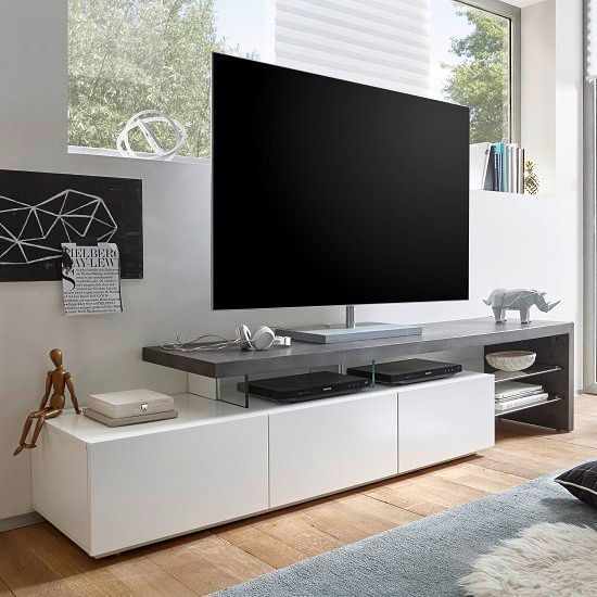 Modanuvo Large White Grey Concrete Solid Oak Glass Modern In Modern White Tv Stands (Photo 14 of 15)