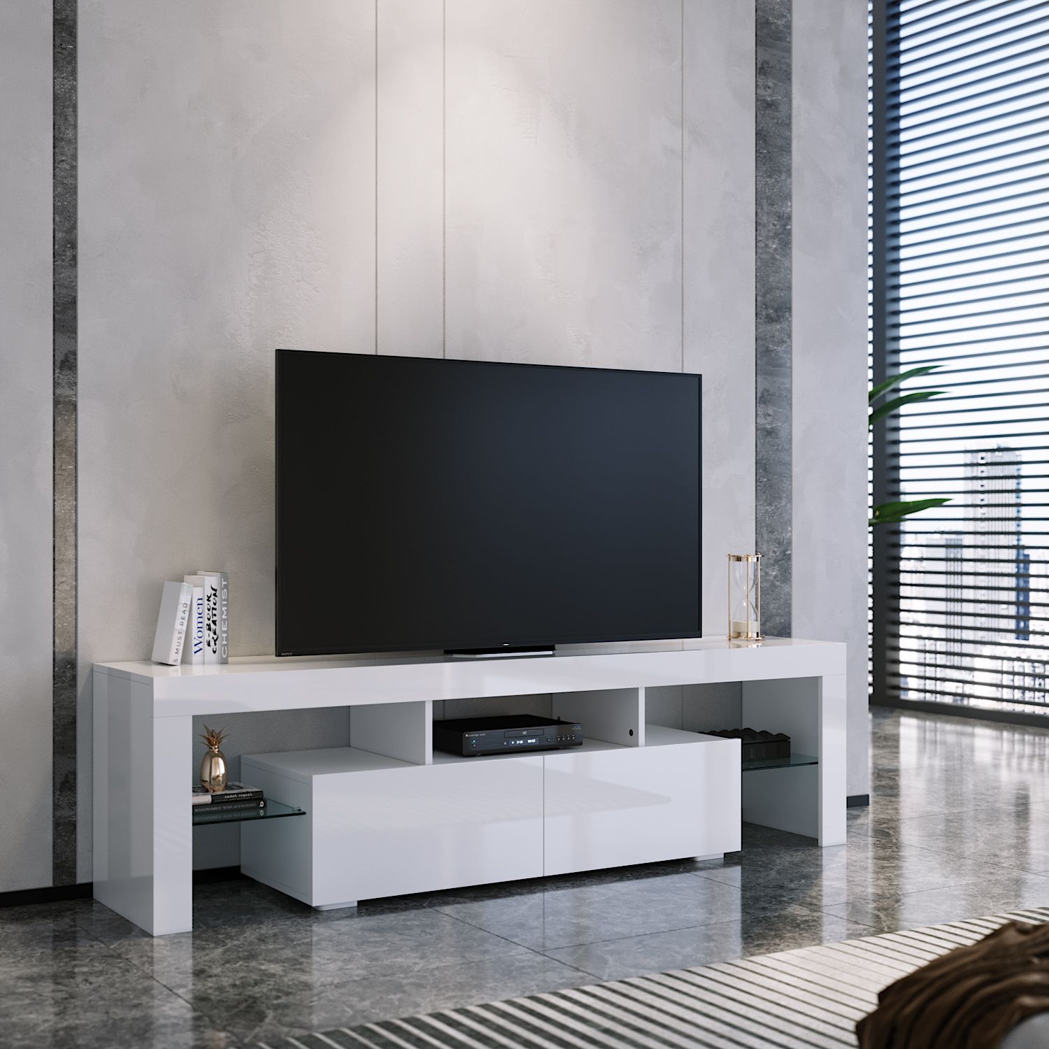Modern 160cm Tv Unit Stand Matt Body & High Gloss Doors Pertaining To 57'' Led Tv Stands With Rgb Led Light And Glass Shelves (View 14 of 15)