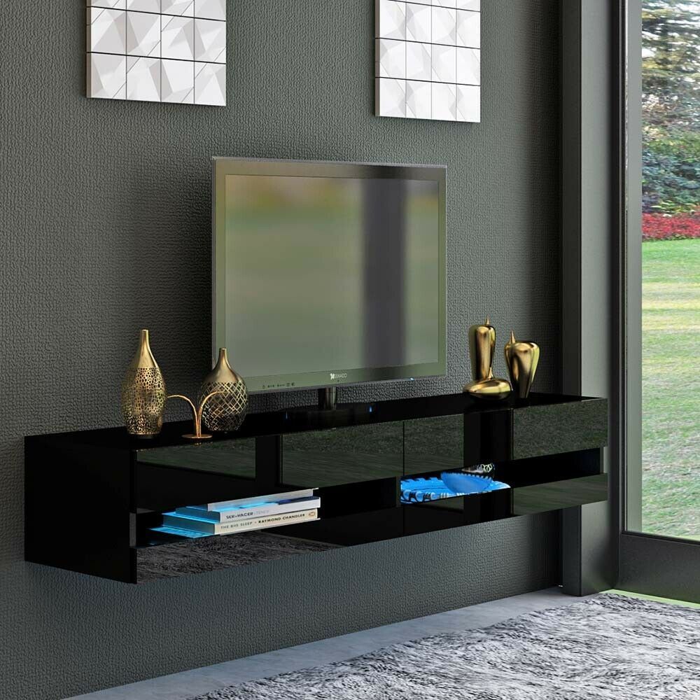 Modern 180cm Black Wall Mounted High Gloss Tv Stand Intended For Black Gloss Tv Wall Unit (View 12 of 15)