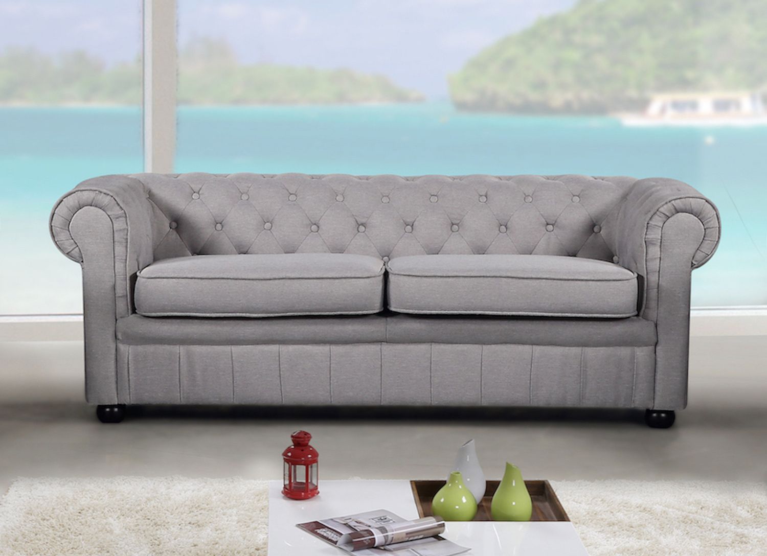 Modern Chesterfield Style Sofa – Light Grey Fabric Within Ludovic Contemporary Sofas Light Gray (View 11 of 15)