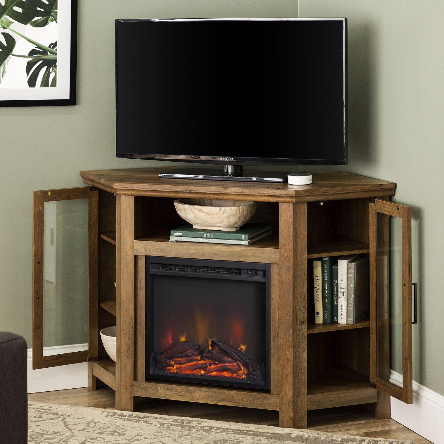 Modern Corner Electric Fireplace 55" Wooden Tv Stand Throughout Glass Doors Corner Tv Stands For Tvs Upto 42" (View 8 of 15)