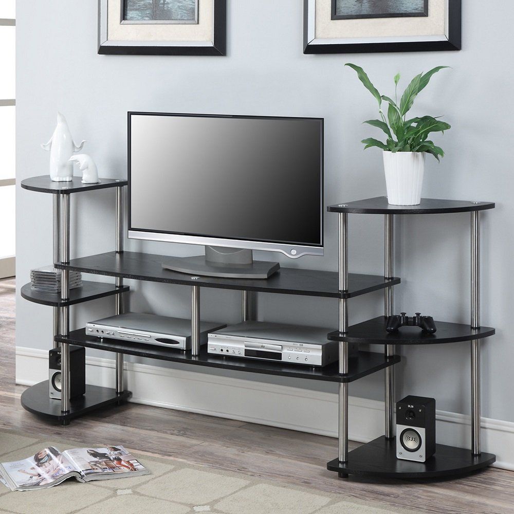 Modern Design Black Multi Level Tv Stand For Tv's Up To 47 Regarding Space Saving Black Tall Tv Stands With Glass Base (Photo 8 of 15)