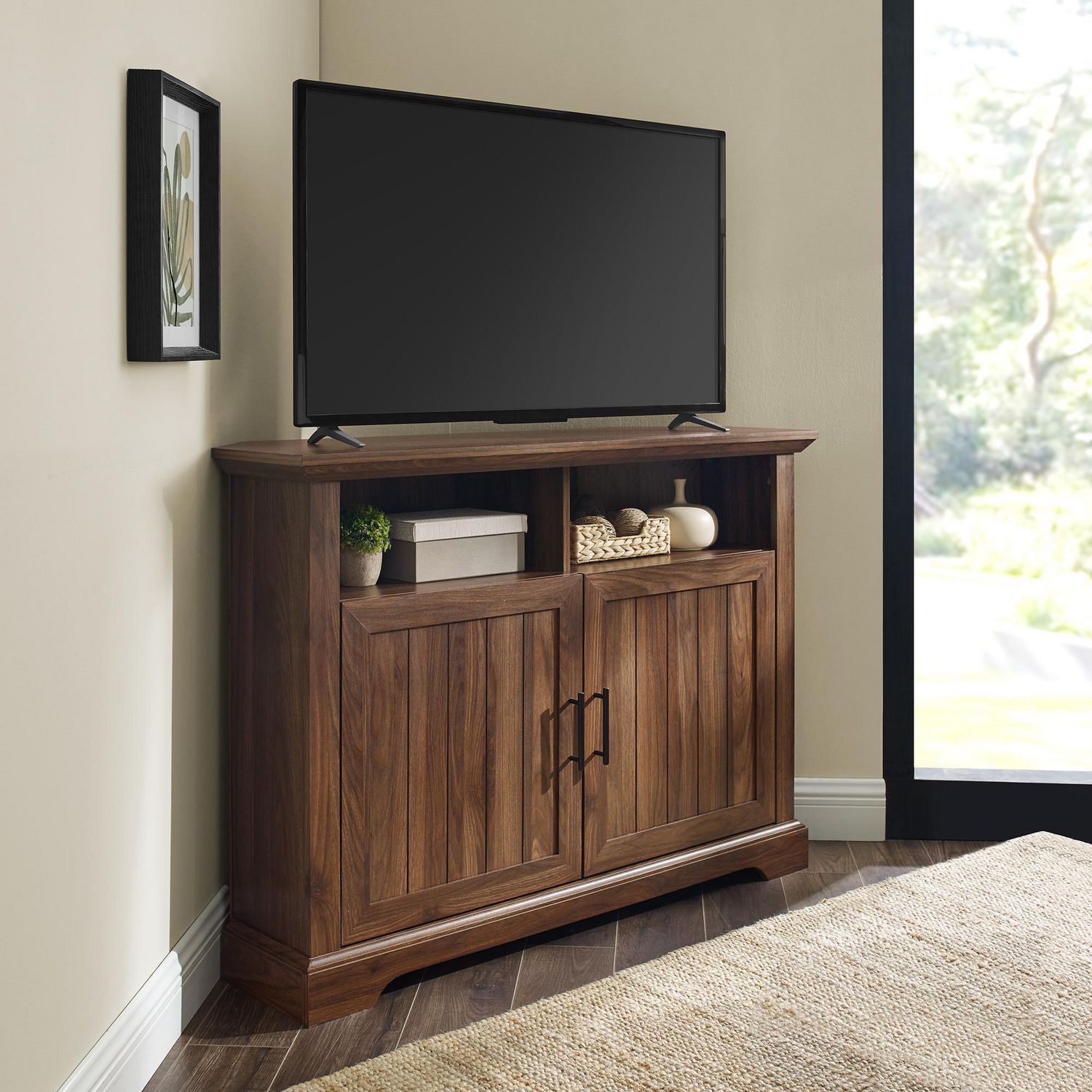 Modern Farmhouse Grooved Door Corner Tv Console For Tv's Inside Lionel Corner Tv Stands For Tvs Up To 48" (Photo 6 of 15)