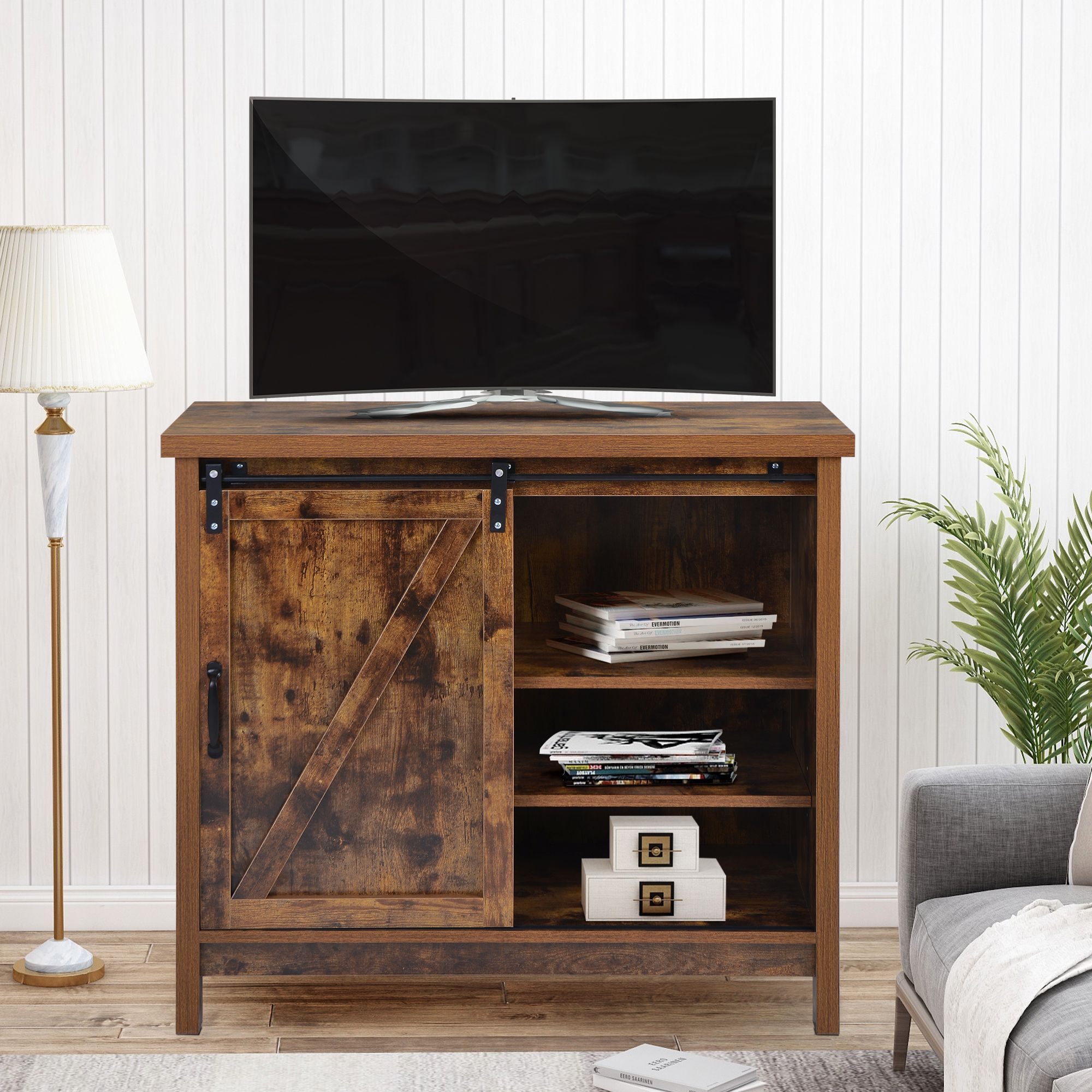 Modern Farmhouse Tv Stand, 2020 New 35 Inch Television Throughout Modern Sliding Door Tv Stands (View 7 of 15)