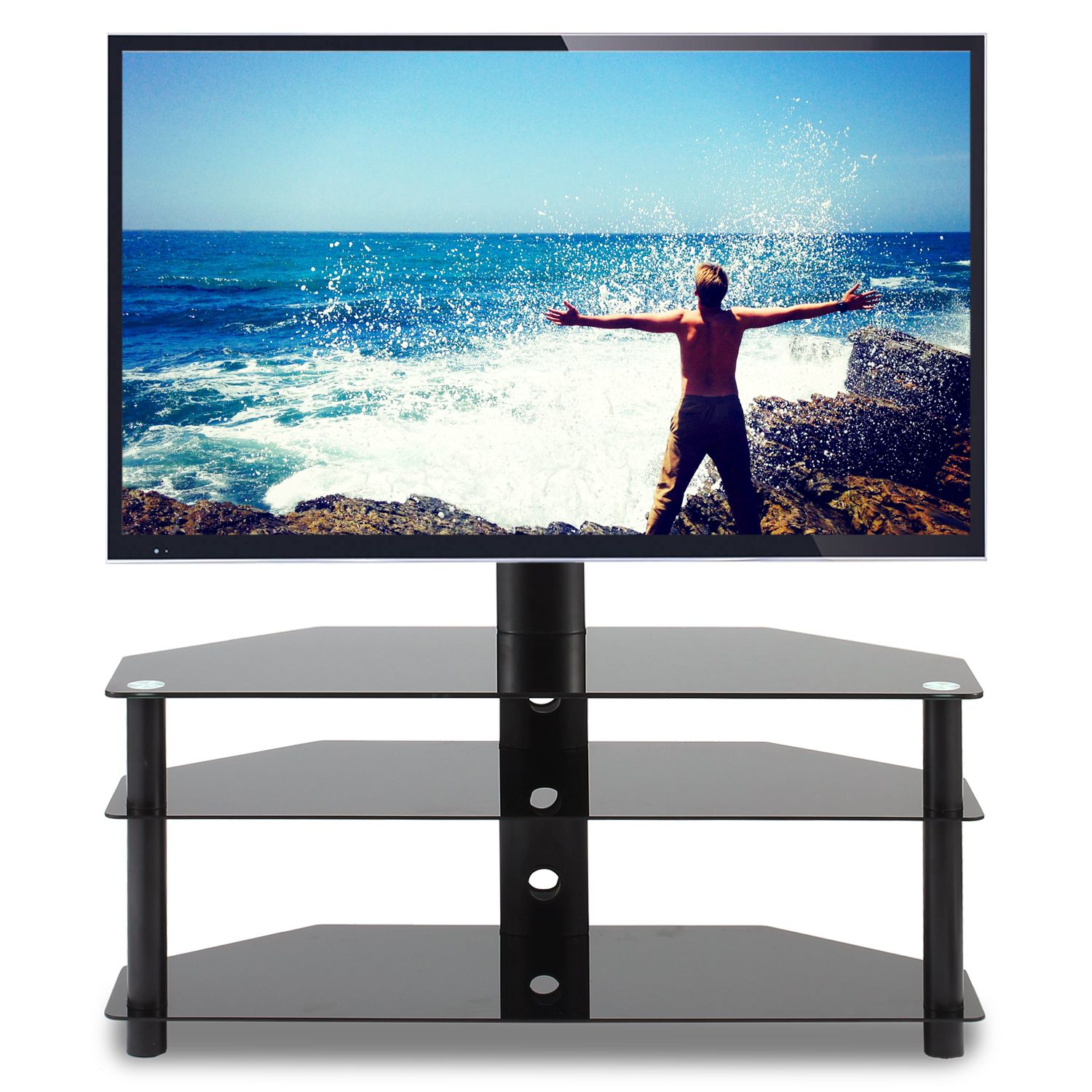 Modern Floor Glass Tv Stand With Mount For Tvs Up To 70 With Swivel Black Glass Tv Stands (View 5 of 15)