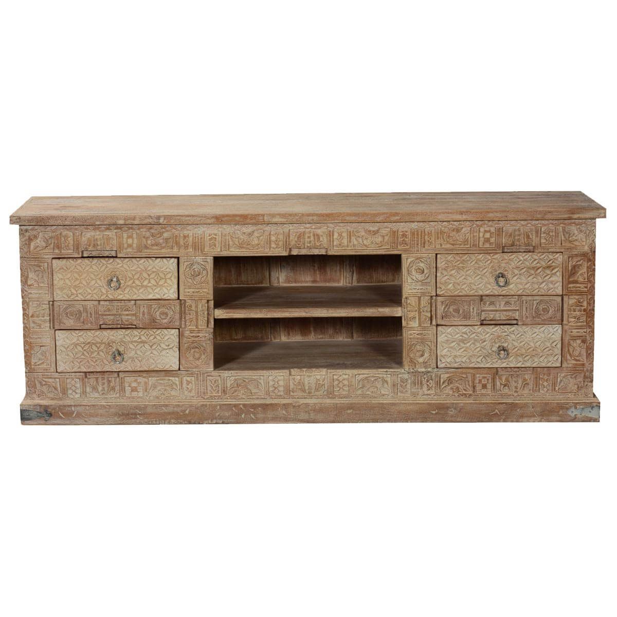 Modern Primitive Hand Carved Mango Wood Tv Console Media With Regard To Mango Wood Tv Cabinets (View 14 of 15)