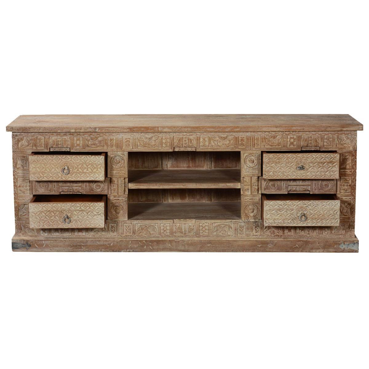 Modern Primitive Hand Carved Mango Wood Tv Console Media Within Mango Wood Tv Cabinets (View 5 of 15)