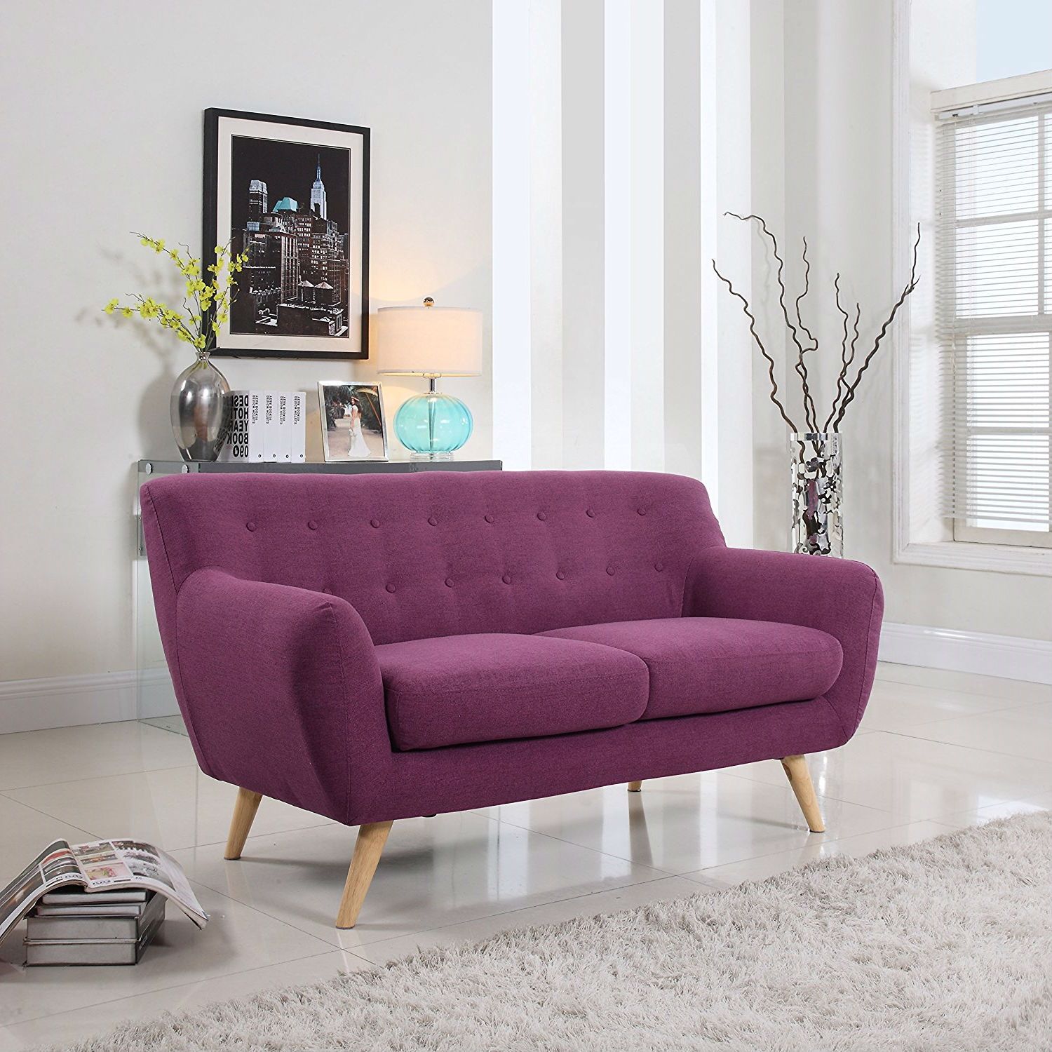 Modern Purple Linen Fabric Upholstered Mid Century Style Regarding Mireille Modern And Contemporary Fabric Upholstered Sectional Sofas (View 9 of 15)