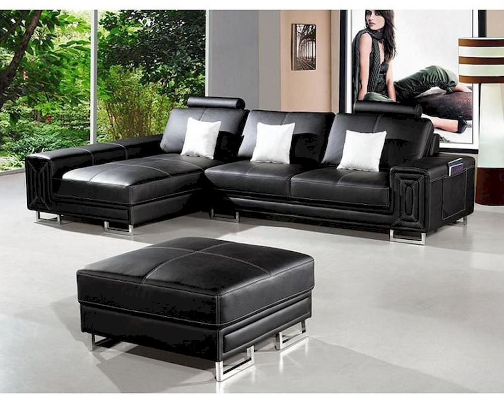 Modern Style Black Leather Sectional Sofa 44li957 Inside 3pc Ledgemere Modern Sectional Sofas (View 15 of 15)