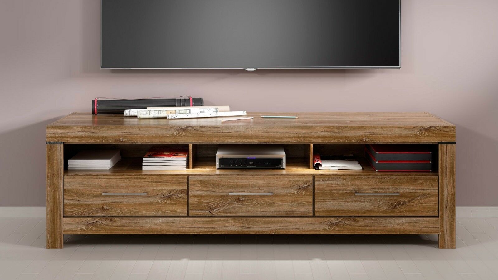 Modern Tv Cabinet Unit Led Light 3 Drawers Oak Effect Tv With Regard To Fulton Oak Effect Wide Tv Stands (View 3 of 15)