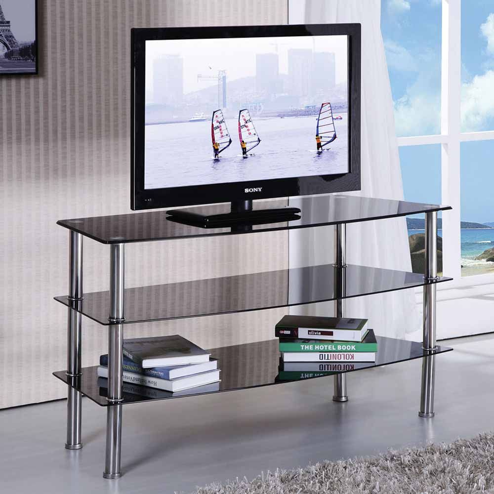 Modern Tv Stand Entertainment Console Cabinet Black Glass Throughout Contemporary Glass Tv Stands (View 4 of 15)