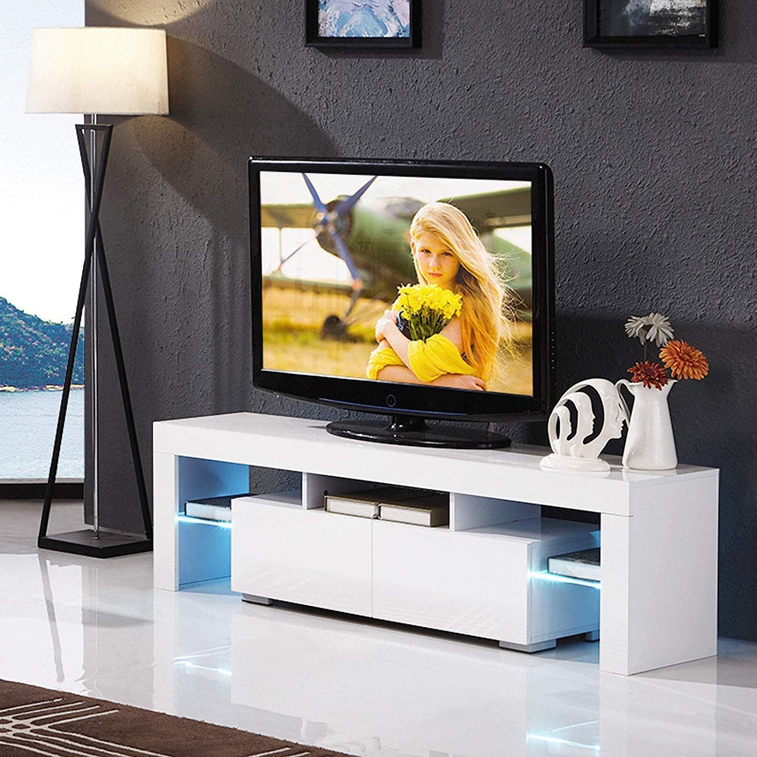 Modern Tv Stand With Led Light Wood Television Stand Media Pertaining To White Wood Tv Cabinets (View 14 of 15)