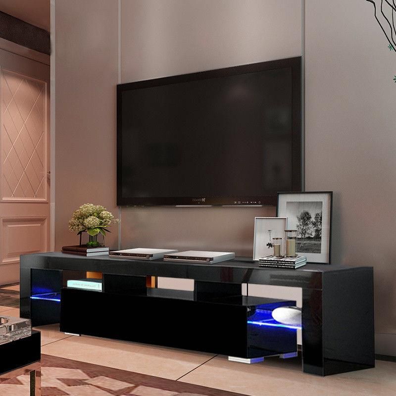 Modern Tv Unit Cabinet Stand Front High Gloss Led Lights In Long Black Gloss Tv Unit (View 1 of 15)