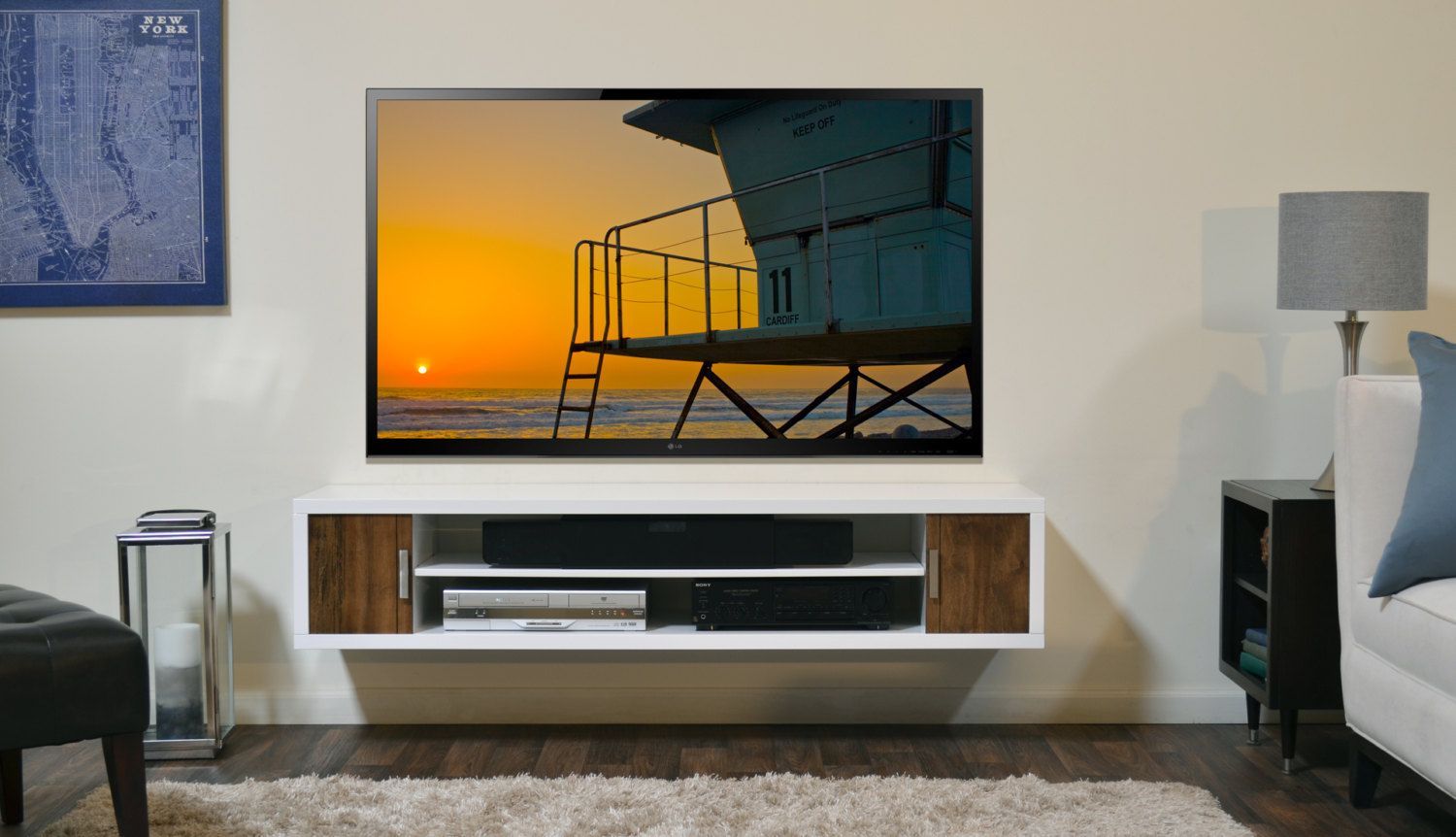 Modern White Wall Mount Tv Media Console Cardiff With Wall Mounted Tv Stand Entertainment Consoles (View 15 of 15)