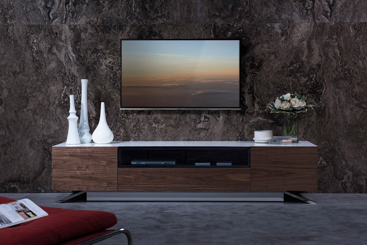 Modrest Gillian Contemporary White & Walnut Tv Stand – Tv Intended For Hannu Tv Media Unit White Stands (View 6 of 15)