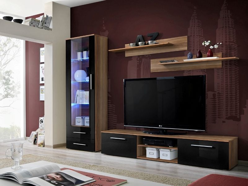 Montrose 2 – Black High Gloss Fronts And Walnut Wall Unit With Walnut And Black Gloss Tv Unit (View 13 of 15)