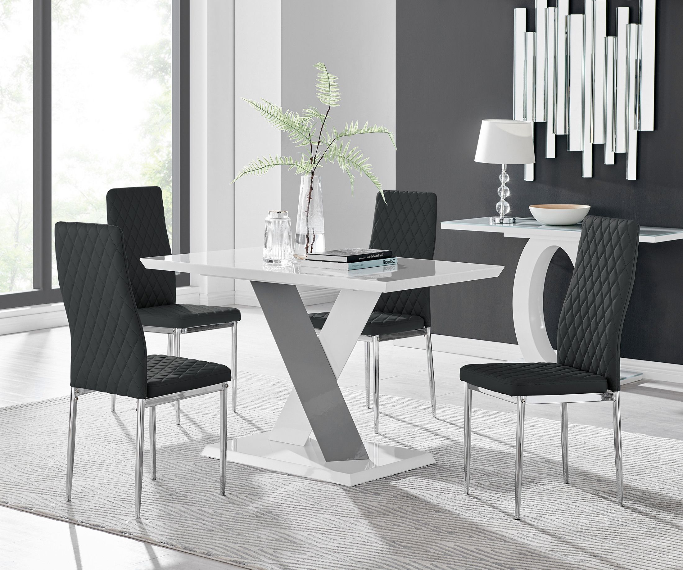 Monza 4 White/grey Dining Table & 4 Milan Chairs Throughout Monza Tv Stands (View 9 of 15)