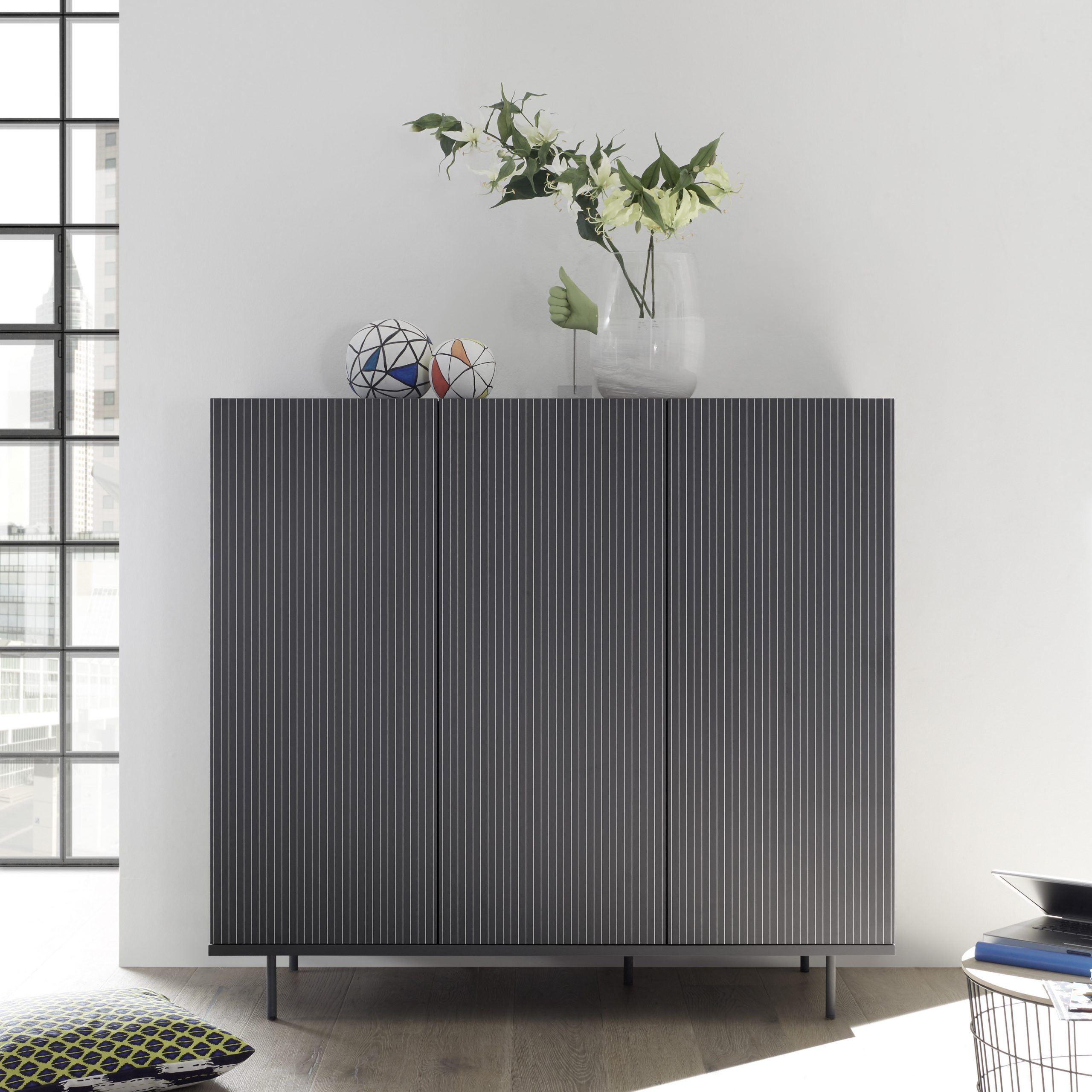 Monza Grey Highboard With Pinstripe Stencil – Furniture Intended For Monza Tv Stands (View 2 of 15)