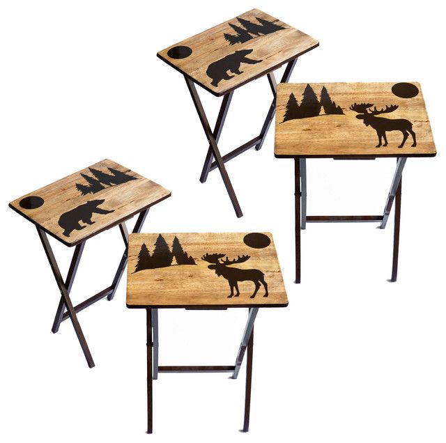 Moose And Bear Fold Able Wood Tv Tray Tables – Set Of 4 With Regard To Folding Wooden Tv Tray Tables (Photo 11 of 15)