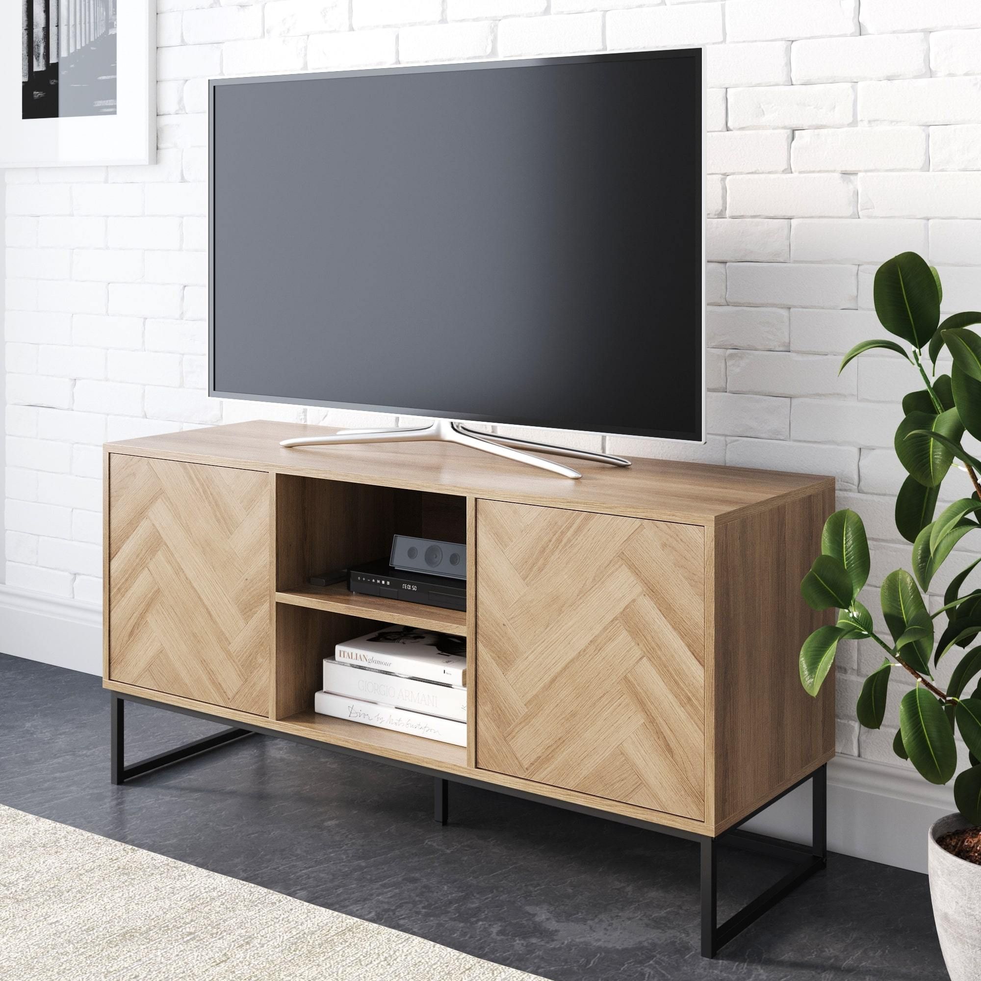 Nathan James Dylan Media Console Cabinet Tv Stand With With Tabletop Tv Stands Base With Black Metal Tv Mount (Photo 12 of 15)