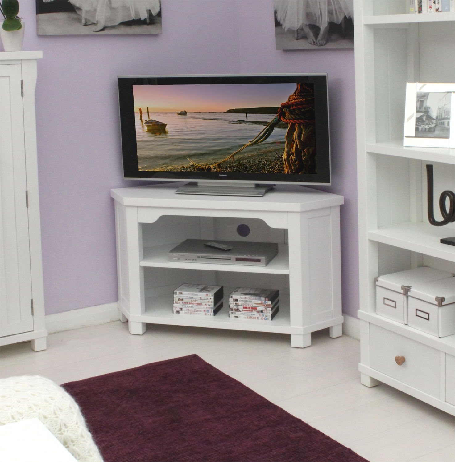 New England White Painted Living Room Furniture Corner Pertaining To White Corner Tv Cabinets (View 6 of 15)